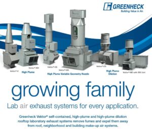 An image showcasing a variety of Greenheck lab air exhaust systems including models like Vektor-H, Vektor-MH, Vektor-HS, Vektor-MS with high plume and dilution features. The systems are displayed in a row with the Greenheck logo and slogan 'Building Value in Air' at the top. The text 'growing family' and a description emphasize their application for lab air exhaust and removal systems.