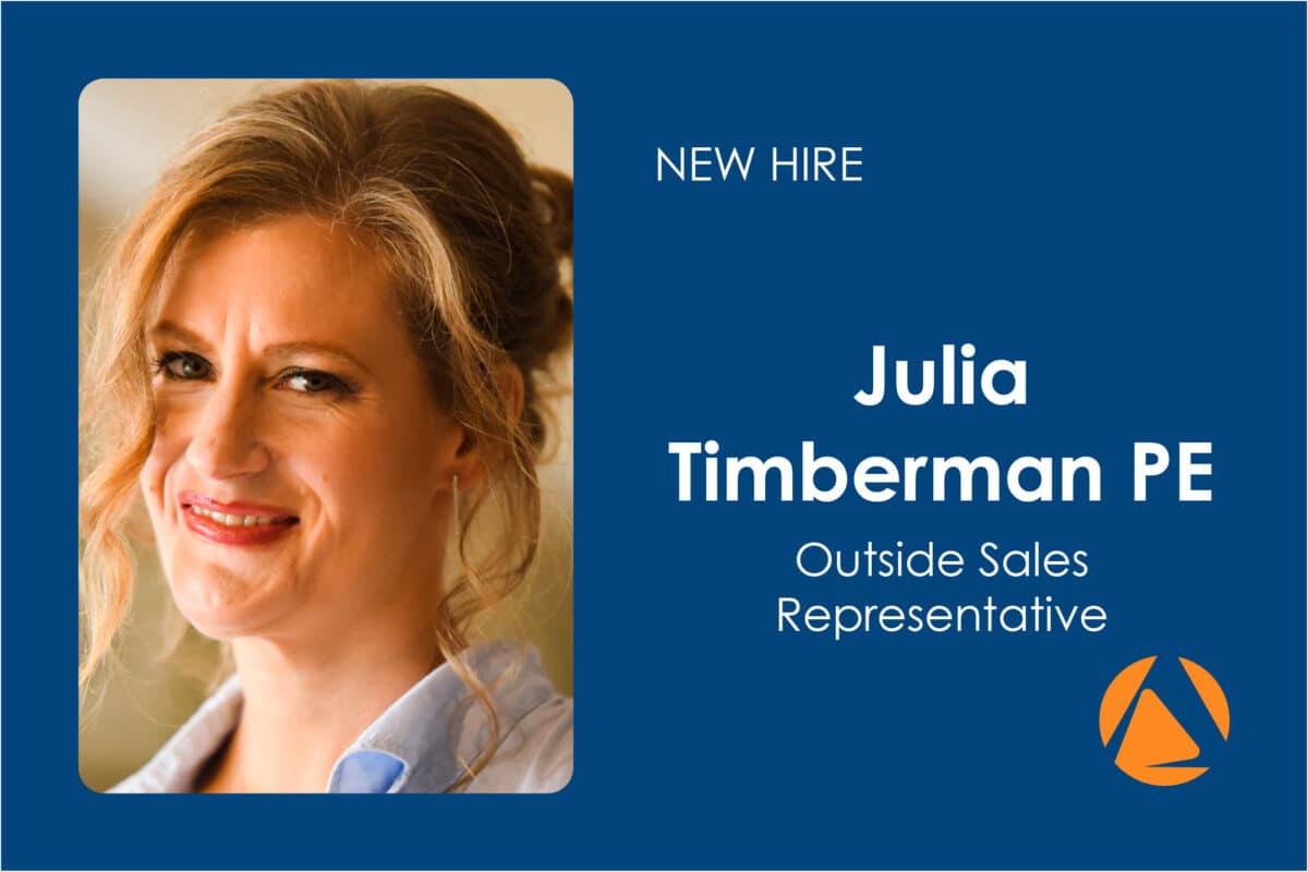 A professional headshot of a person smiling, with text stating 'New Hire, Julia Timberman PE, Outside Sales Representative' and a logo in the bottom right corner. The background is a blue color with a rounded rectangular frame around the image of the person.
