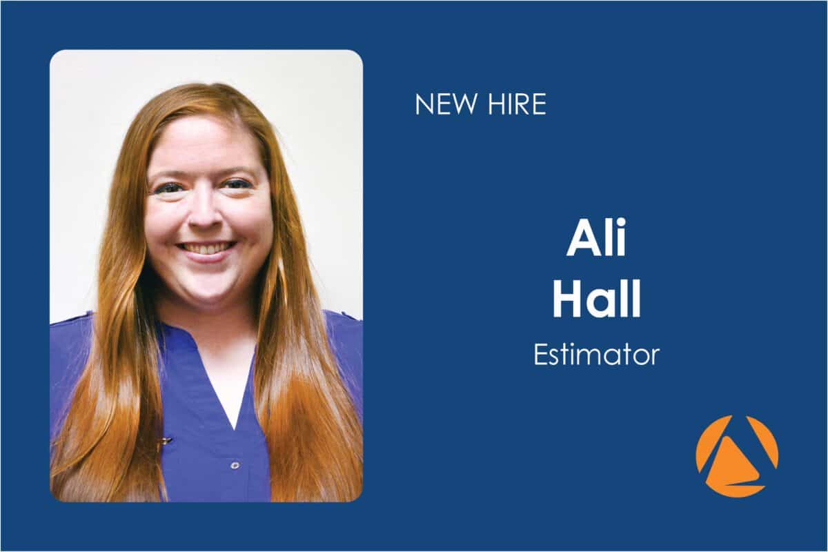 A profile image of a woman with long red hair smiling, wearing a blue top. On the right side, text reads 'New Hire Ali Hall Estimator' with a logo in orange against a blue background.