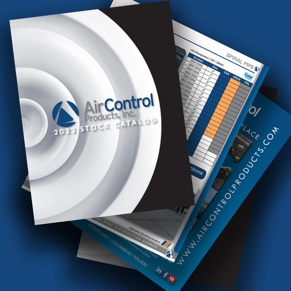 A detailed view of Air Control Products, Inc.'s 2022 Stock Catalog featuring a cover design with circular patterns and the company's logo. Visible are catalog pages with charts and the website address www.aircontrolproducts.com printed on a blue background.