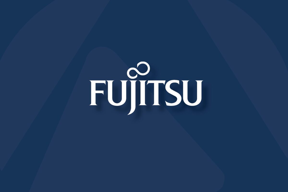 The Fujitsu logo displayed prominently in white text on a dark blue background, with an abstract pattern subtly visible behind the text.