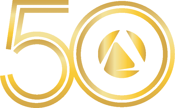 Golden emblem featuring the number 50 with a circular logo of Air Control Products, displaying text 'Air Control Products Established 1975' and a stylized design at the center.