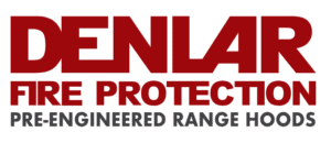 Denlar Fire Protection logo featuring bold red text stating 'Denlar Fire Protection' above smaller text reading 'Pre-Engineered Range Hoods' on a transparent background.