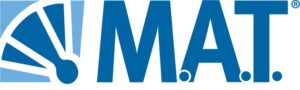 Logo of M.A.T. in blue with a stylized fan design on the left side, set against a white background.