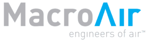 Logo of MacroAir featuring the company name in large gray letters and a blue stylized 'A' as part of the word. Below the company name, the tagline 'engineers of air' is displayed in smaller gray text.
