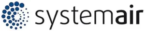 Logo of Systemair with a design of blue dots forming a spiral pattern on the left, followed by the word 'systemair' in lowercase black letters.