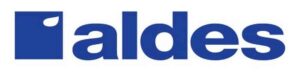 Logo with the word 'aldes' written in bold blue lowercase letters, accompanied by a blue square with a white droplet or leaf inside it on the left.