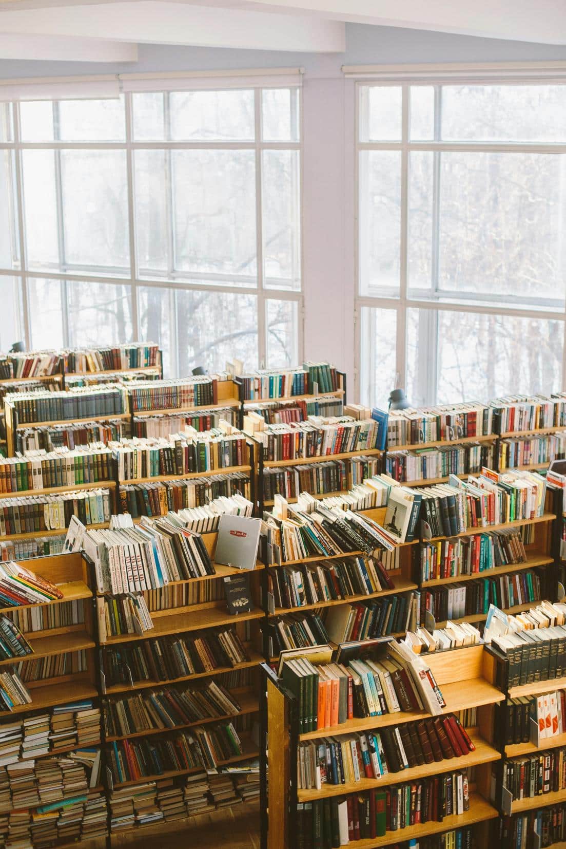Interior of a library featuring multiple wooden bookshelves filled with a variety of books. Large windows in the background allow natural light to flood the space, creating a warm and inviting atmosphere.