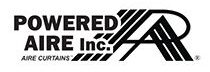 Logo of Powered Aire Inc. featuring bold black text and stylized lines. The words 'Powered Aire Inc. Aire Curtains' are prominently displayed with a graphic design element incorporating diagonal lines.