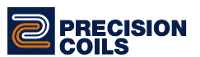 Logo of Precision Coils featuring a stylized coil design in blue and orange with the company name in bold navy blue letters.