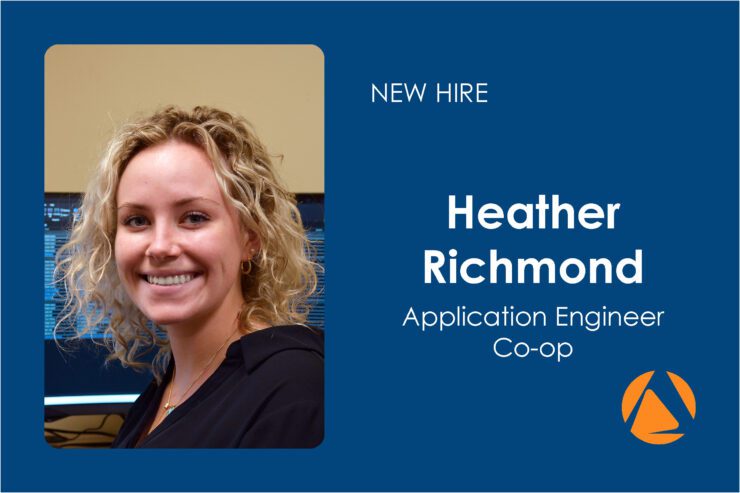 New Hire Application Engineer Profile | Air Control Products A professional profile image featuring a person with curly hair smiling. The left side shows a photo of the individual against a computer screen, while the right side displays a blue background with text announcing 'New Hire' and the name 'Heather Richmond', identified as an 'Application Engineer Co-op', alongside a company logo.