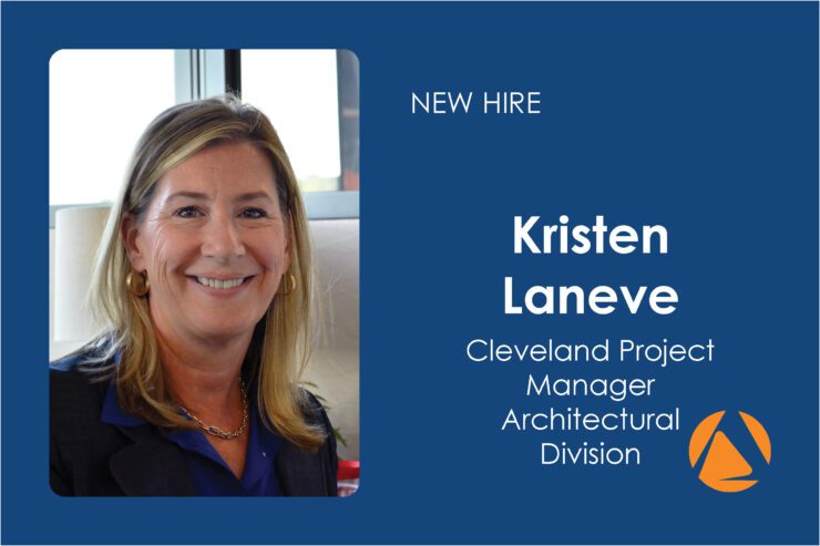 New Hire Announcement Kristen Laneve | Air Control Products Image featuring a new hire announcement for Kristen Laneve, Cleveland Project Manager in the Architectural Division. The left side shows a portrait of a smiling woman with long blonde hair, wearing a dark blazer, blue shirt, and gold earrings. The right side has text that reads: 'NEW HIRE Kristen Laneve, Cleveland Project Manager, Architectural Division.' A logo in orange and blue is present at the bottom right corner.