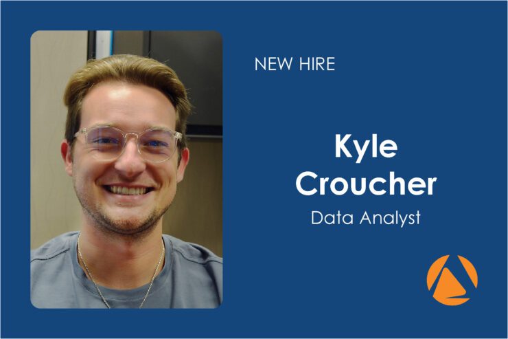 New Hire Data Analyst Profile | Air Control Products Profile image of a person smiling, introduced as a new hire Data Analyst, with text reading 'Kyle Croucher Data Analyst' alongside a logo on a blue background.