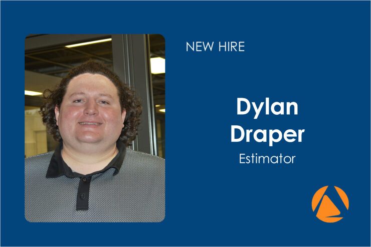 New Hire Dylan Draper Estimator | Air Control Products Image featuring a new hire announcement. On the left, a person smiling is shown, dressed in a collared shirt with a grid pattern. On the right, the text reads 'NEW HIRE Dylan Draper Estimator' with a blue background and an orange logo at the bottom.