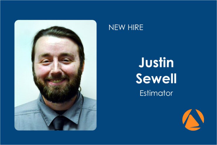 New Hire Estimator Profile Picture | Air Control Products Portrait of a person with a beard and a tie, labeled as a new hire. The image includes the name 'Justin Sewell' and job title 'Estimator' on a blue background with a logo in the corner.